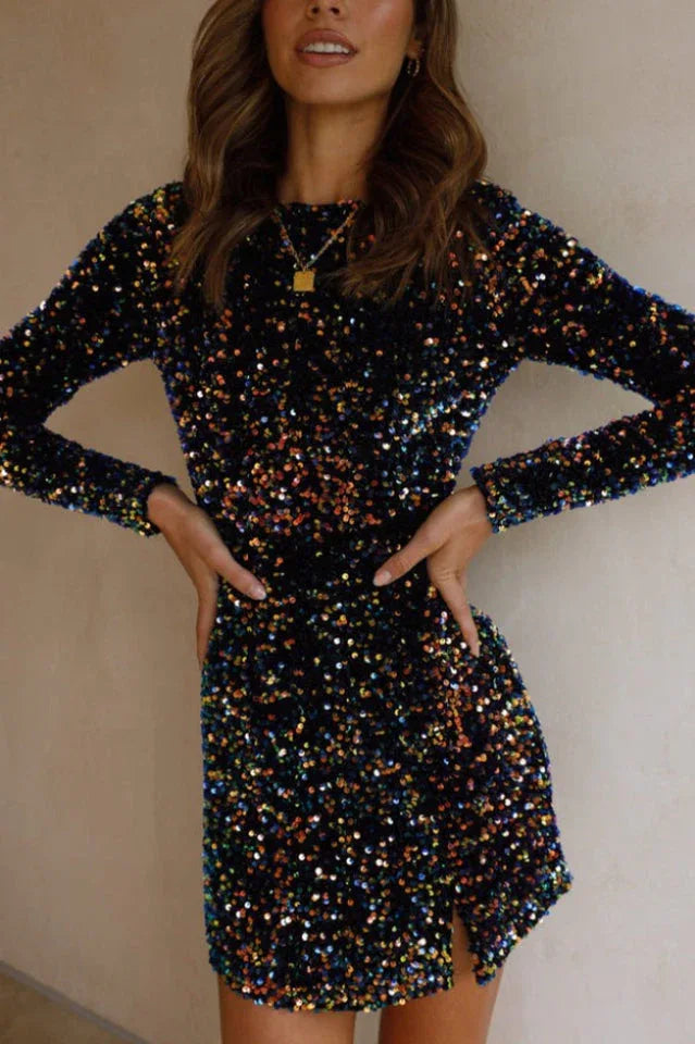 Sequin mini dress with long sleeves - View 16 | WEUXS