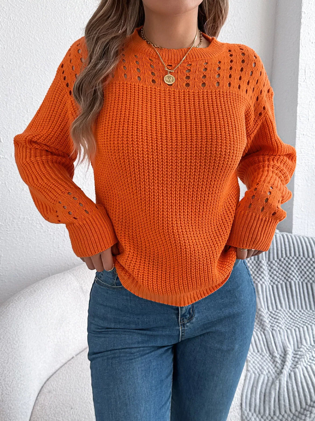 Burgundy Pointelle Knit Crew Neck Sweater with Lantern Sleeves - View 9 | WEUXS