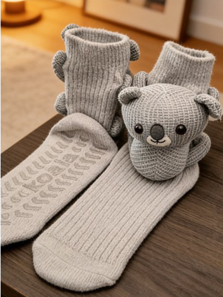 A pair of gray knit ankle socks with 3D koala applique and non-slip soles.