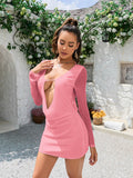 Model posing in a pink mesh mini dress with a deep V-neckline