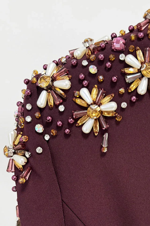 Embellished V-Neck Maxi Dress with long sleeves and crystal bead detailing - View 14 | WEUXS