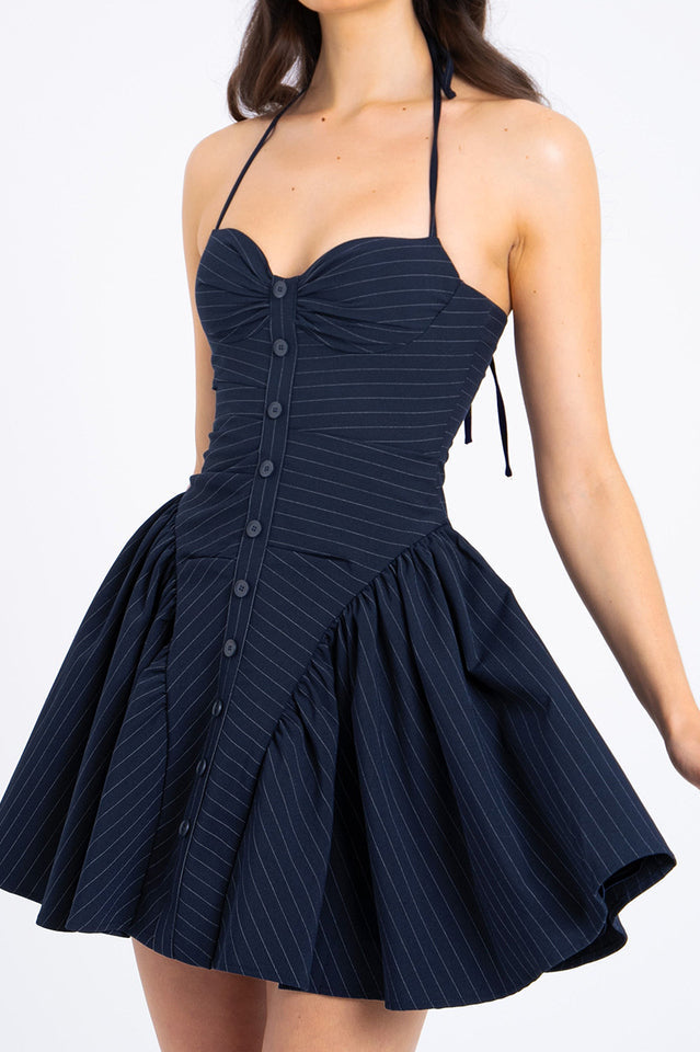 Melody Pinstripe Halter Drop Waist Mini Dress | Dress In Beauty