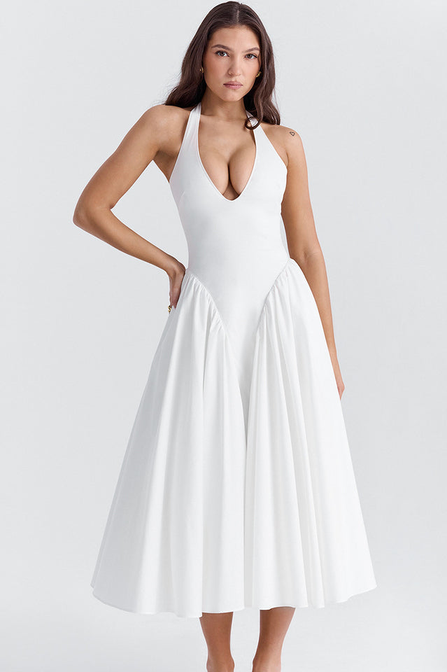 Marilyn White Cotton Halter Midi Sundress | Dress In Beauty