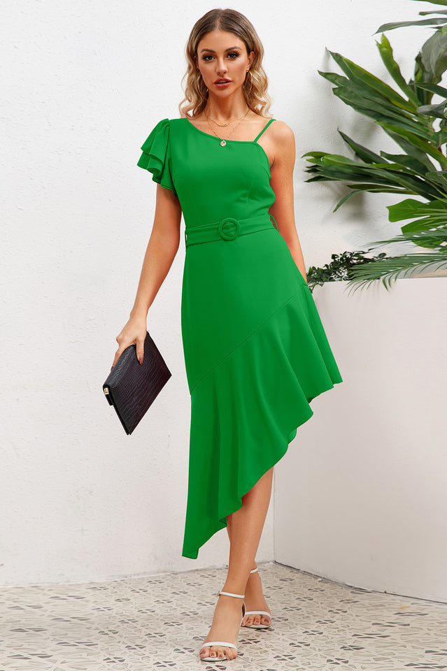 Asymmetrical Neck Flutter Sleeve Dress | Dress In Beauty