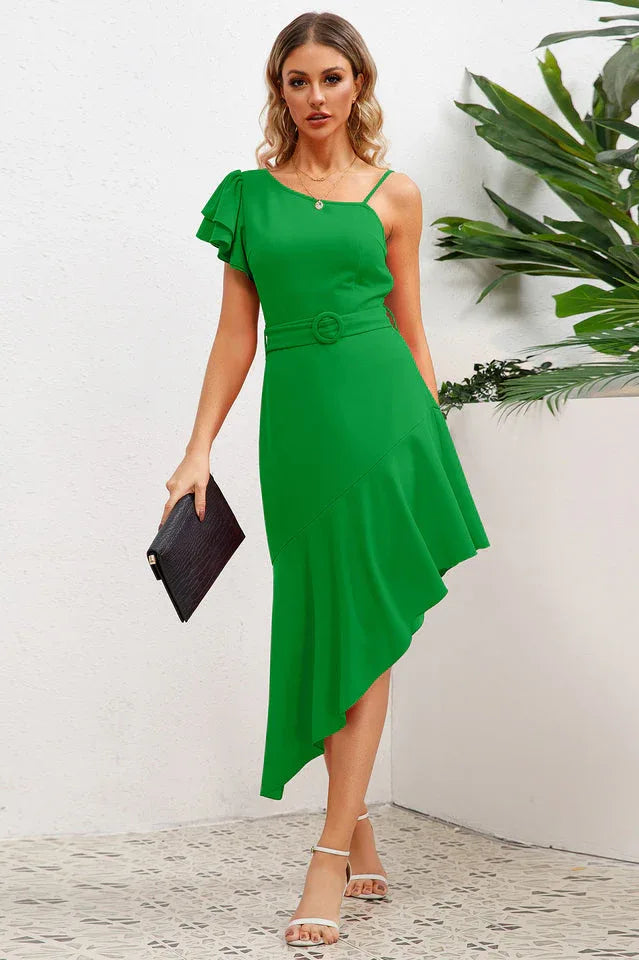 Asymmetrical neck dress with flutter sleeve - View 11 | WEUXS