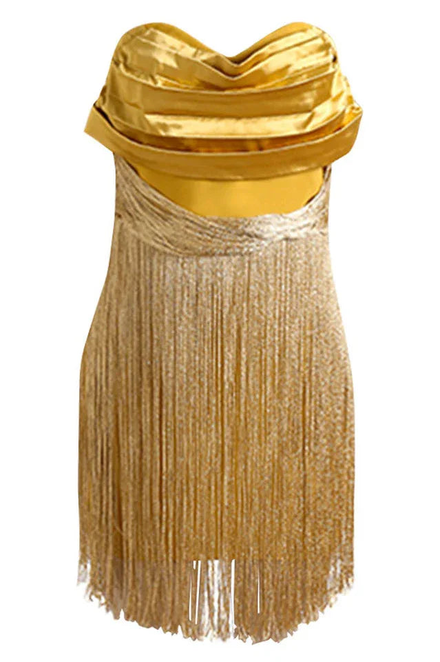 Yellow Ruffles Silk Tassel Trim Dress - WEUXS