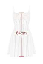 White corset dress with a square neckline and lace trim, showing a garment measurement of 64cm.