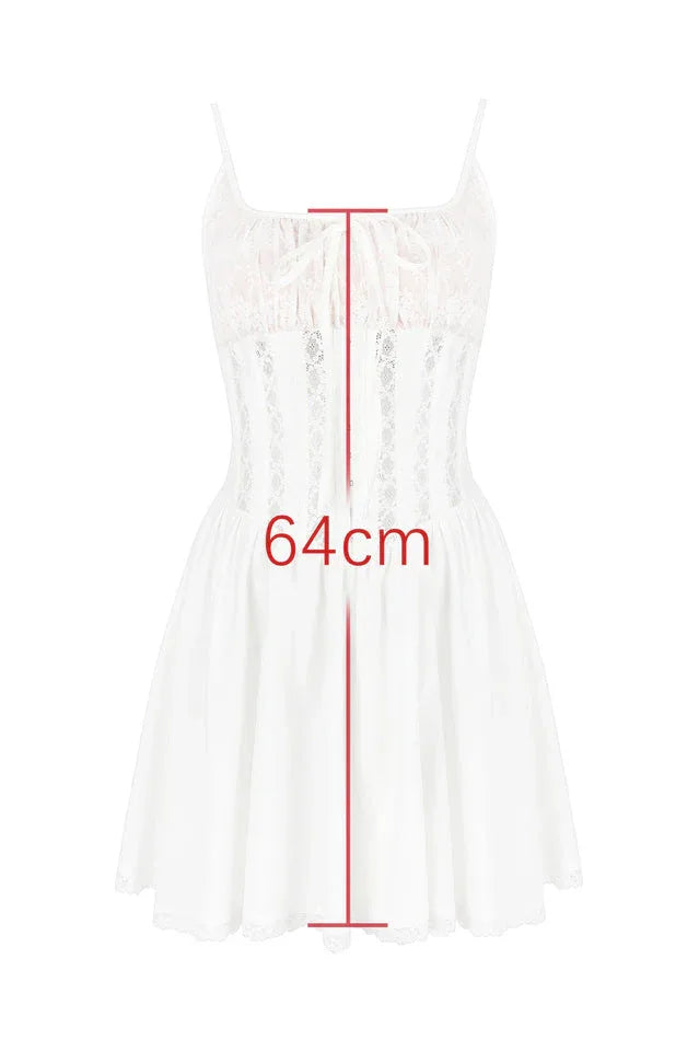 White corset dress with a square neckline and lace trim, showing a garment measurement of 64cm.