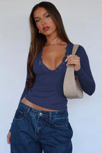 Women's Long Sleeve V-Neck Top with Lace Trim - View 17 | WEUXS
