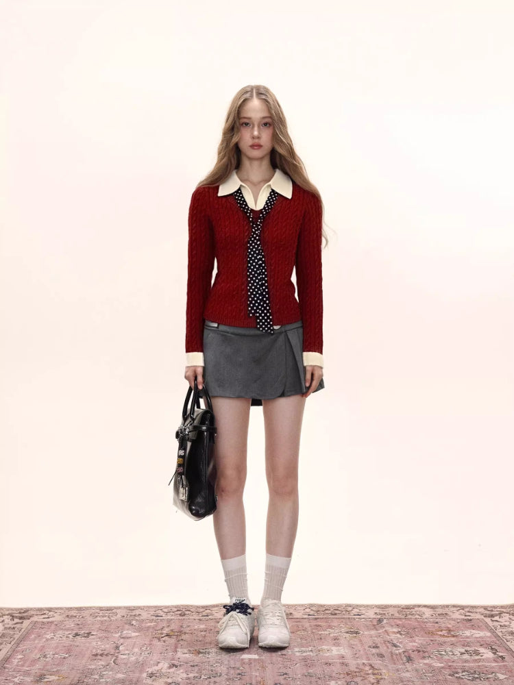Mock two-piece cable knit top with collared neckline and detachable scarf - View 6 | WEUXS