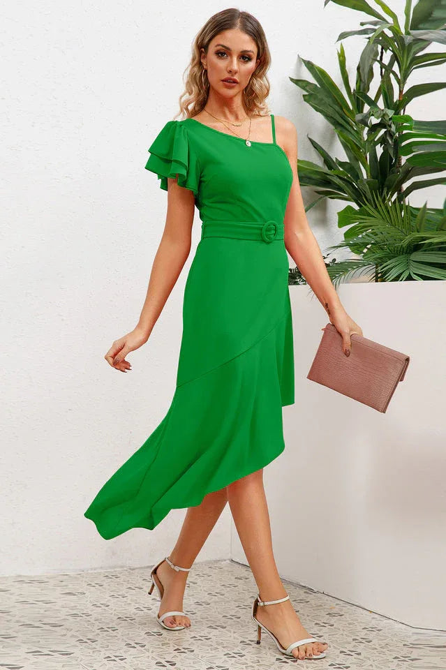Asymmetrical neck dress with flutter sleeve - View 13 | WEUXS