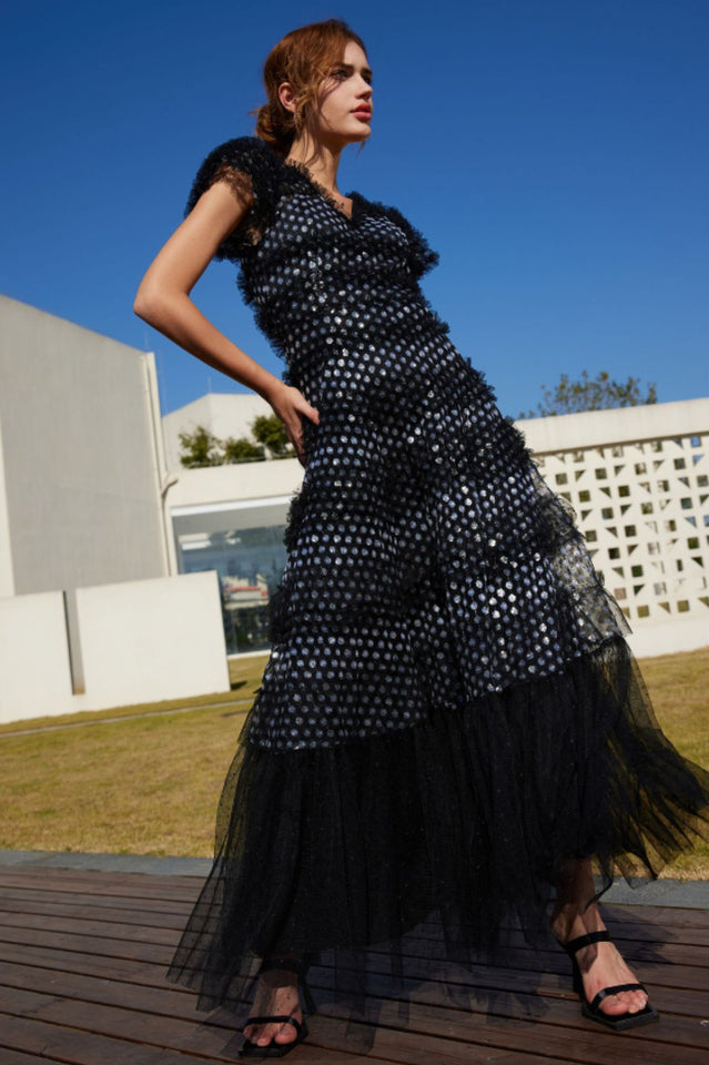 Sequin Layered Ruffle Tulle Maxi Dress | Dress In Beauty