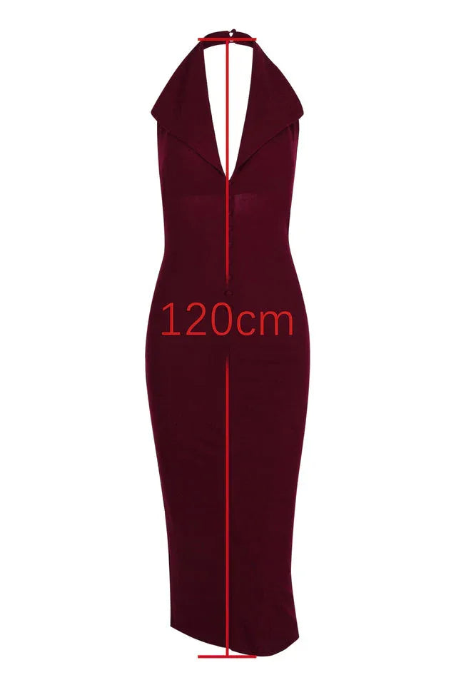 Burgundy Crepe Halter Midi Dress - View 7 | WEUXS