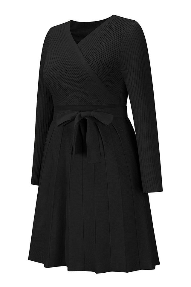 Surplice Neck Tie Front Pleated Sweater Dress | Dress In Beauty