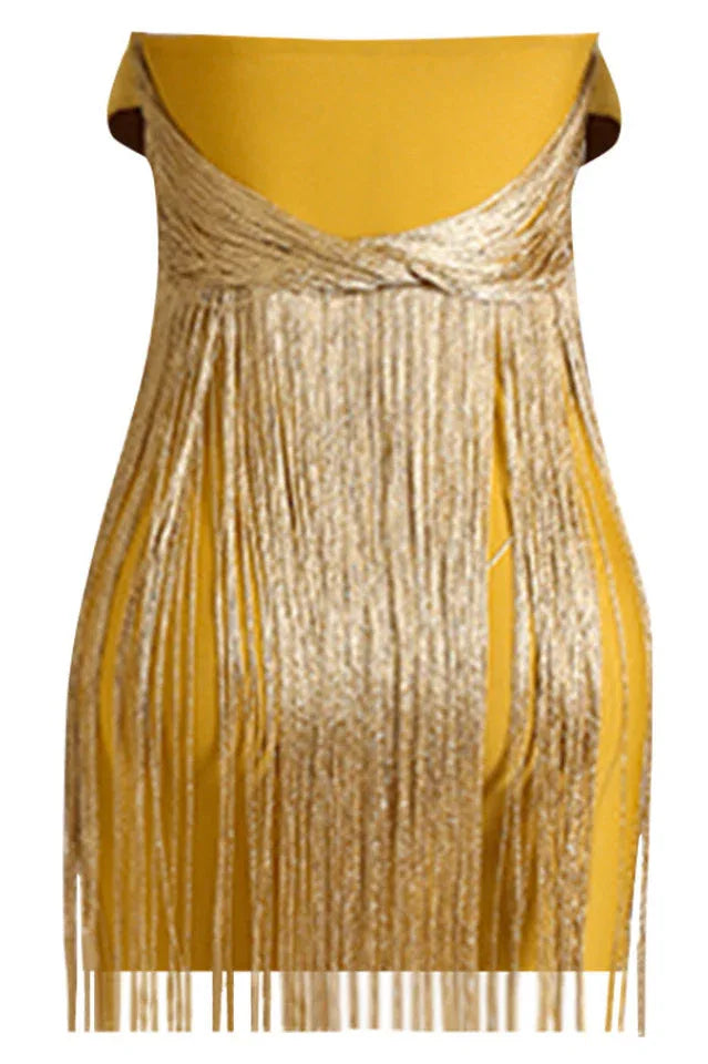 Yellow silk dress with ruffles and tassel trim - View 8 | WEUXS