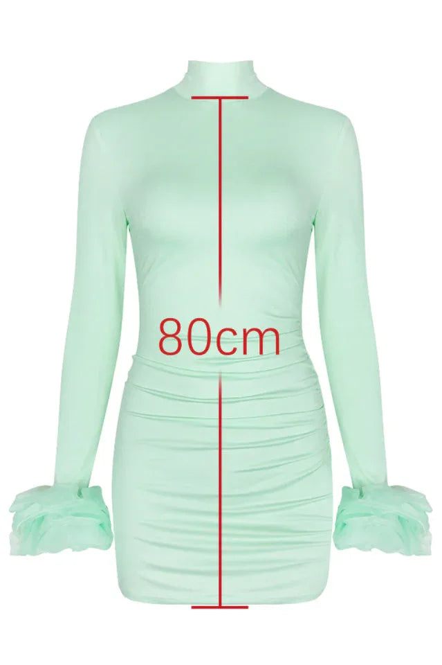 Front view of mint green bodycon mini dress with measurement indicator