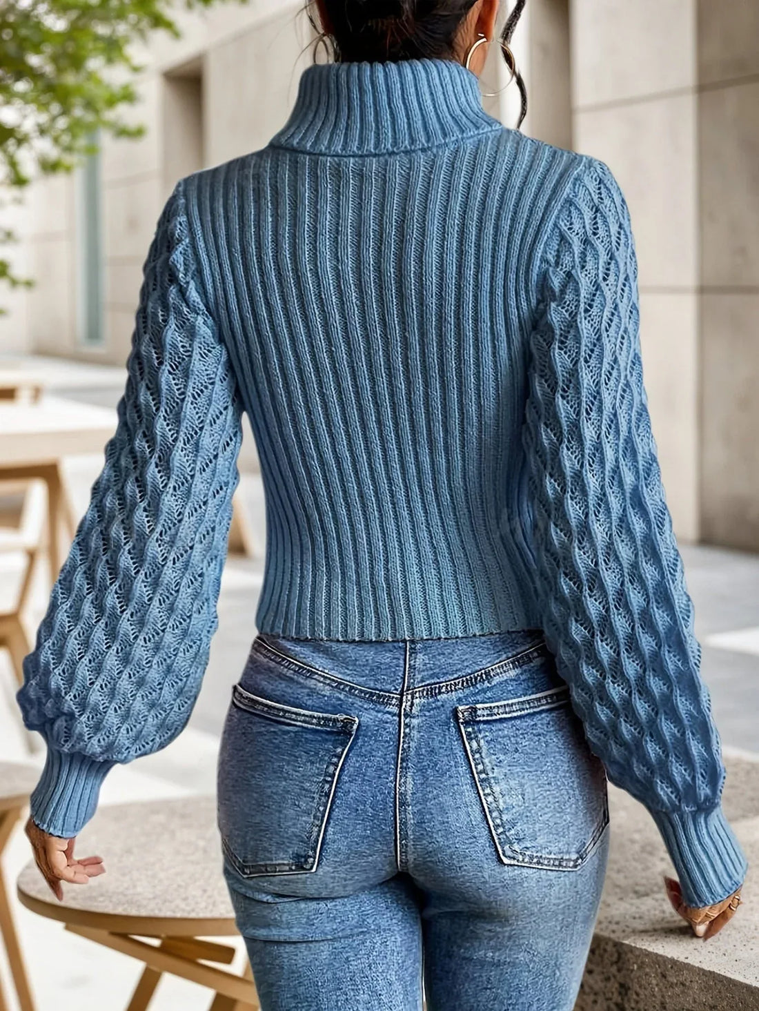 Elegant Blue Cutout Turtleneck Sweater - WEUXS