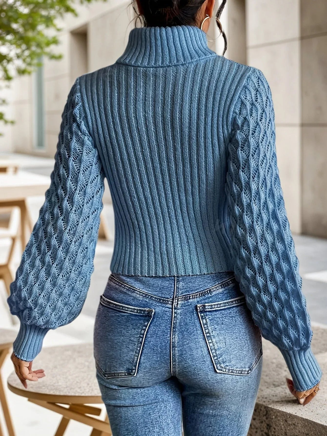 Elegant Blue Cutout Turtleneck Sweater - WEUXS