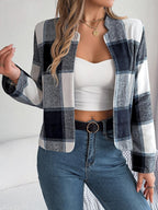 Chic Navy Blue Plaid Cropped Jacket - WEUXS