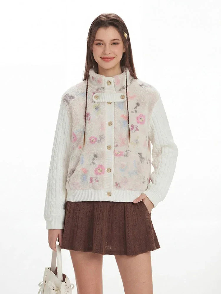 Floral Sherpa & Cable Knit Spliced Jacket - WEUXS