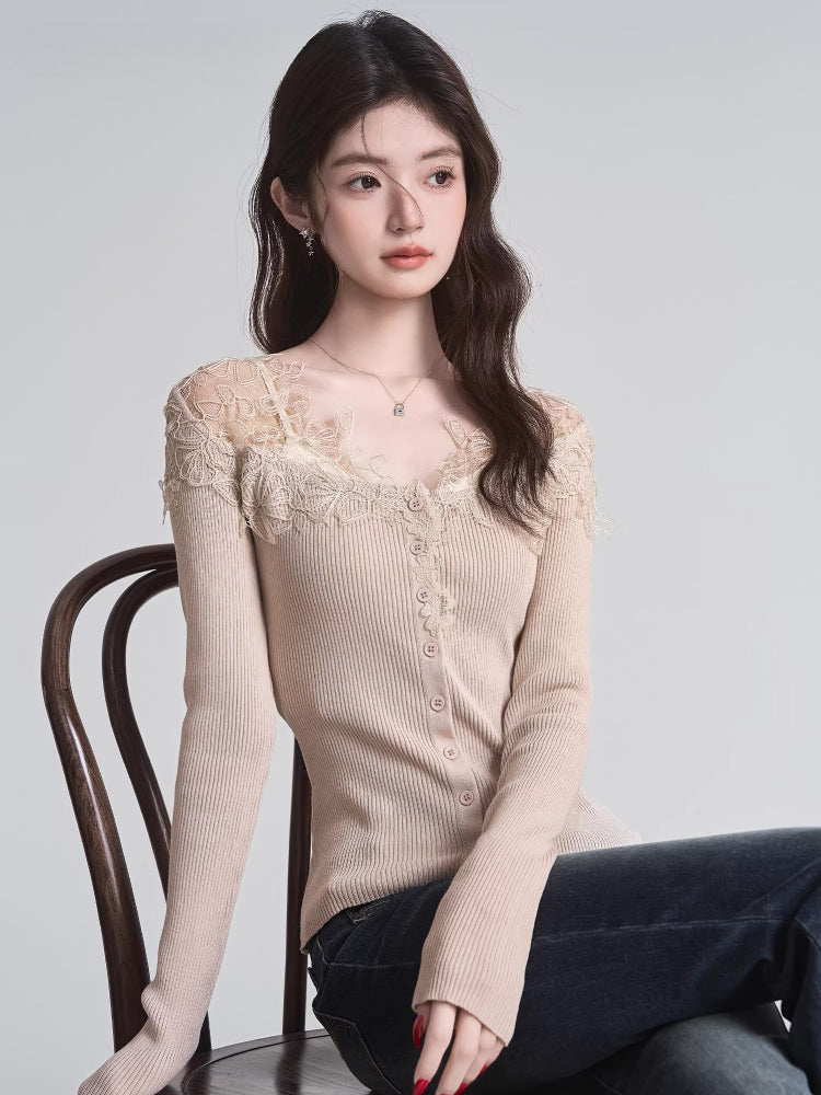 Beige fitted ribbed knit cardigan with lace trim and button-down front