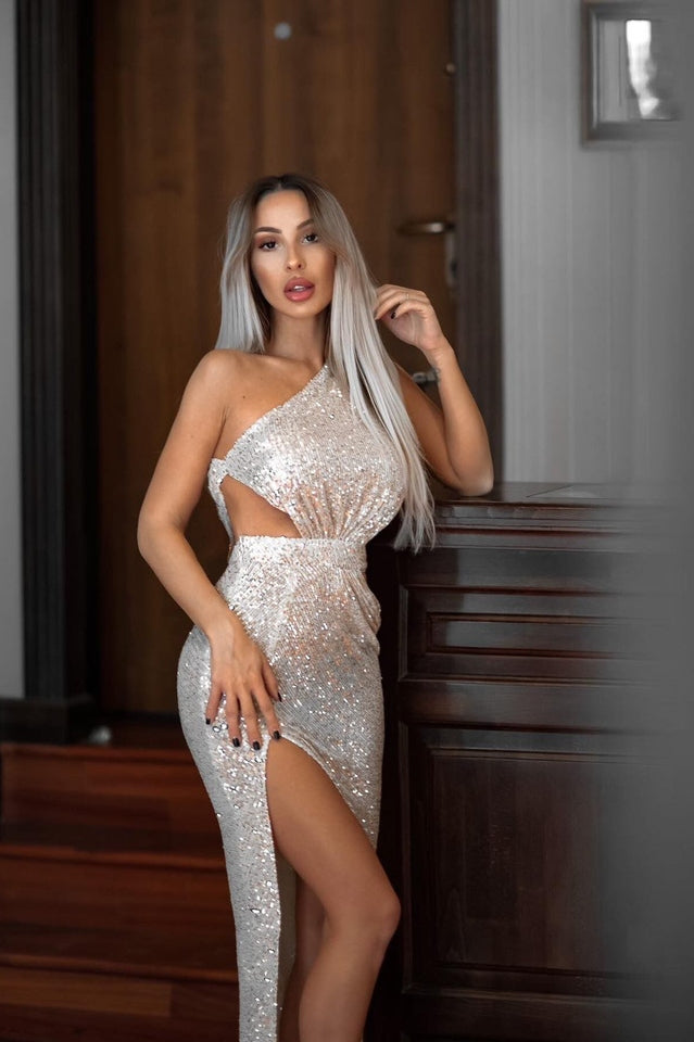 One Shoulder Sequins Cut Out Split Maxi Dress | Dress In Beauty