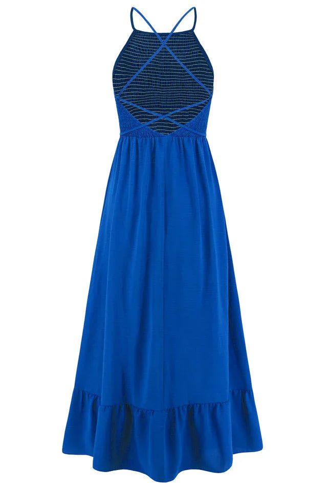 A-line maxi dress with smocked bodice and crisscross back straps - View 6 | WEUXS
