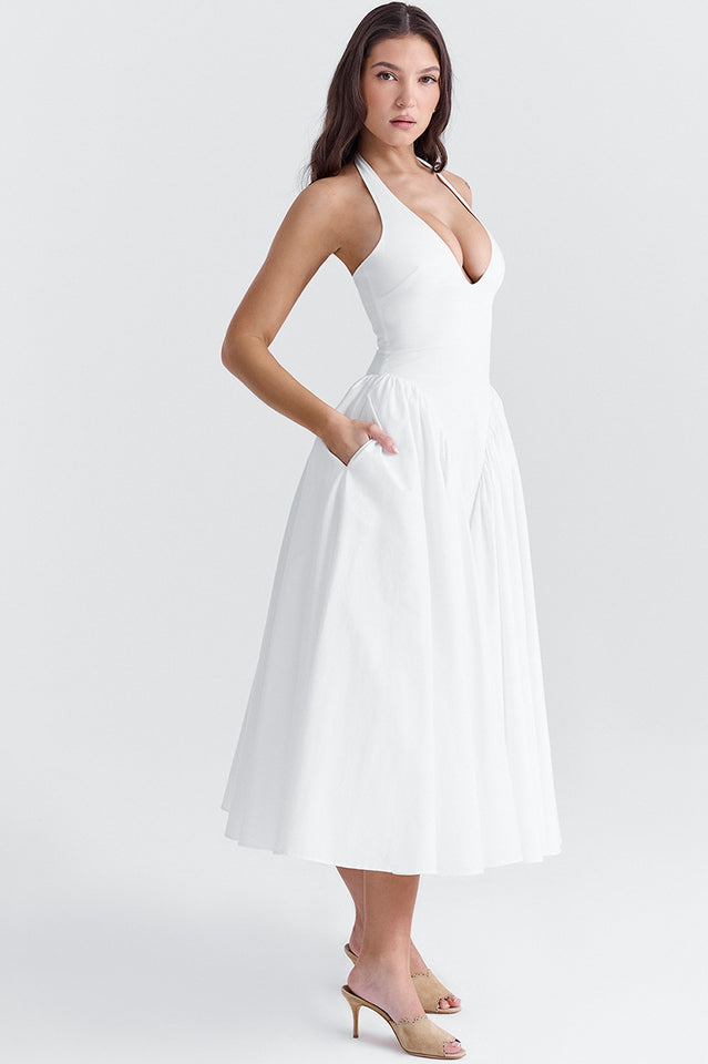 Marilyn White Cotton Halter Midi Sundress | Dress In Beauty