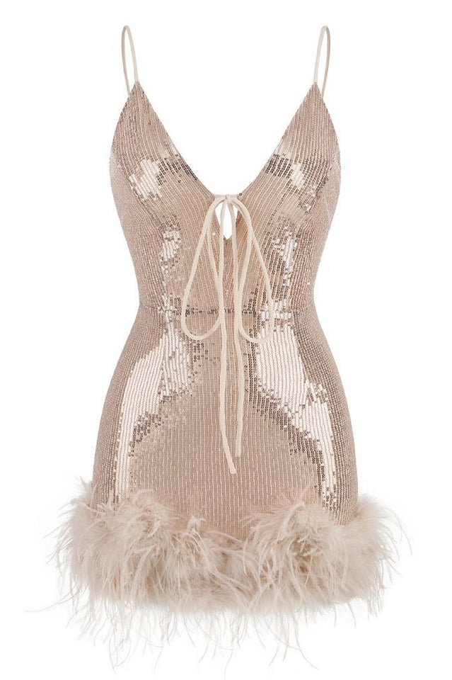 Mini Sequin Dress With Feather Trim | Dress In Beauty