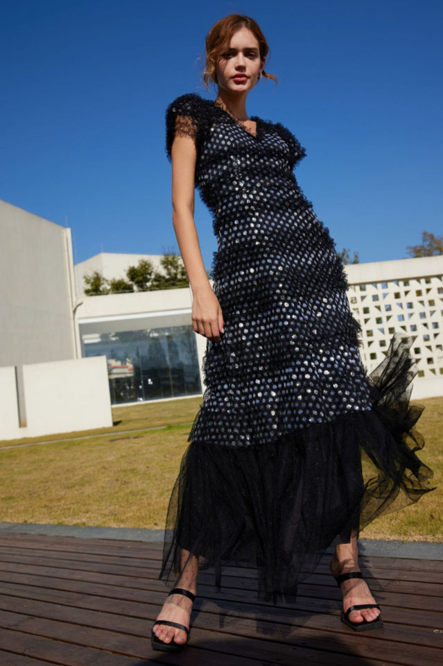 Sequin Layered Ruffle Tulle Maxi Dress | Dress In Beauty