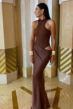 Asymmetrical Cut Out Maxi Dress in Coffee - View 16 | WEUXS