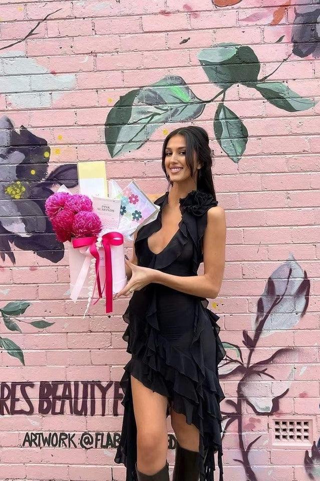 Rosalyn Black Flower Dress - View 13 | WEUXS