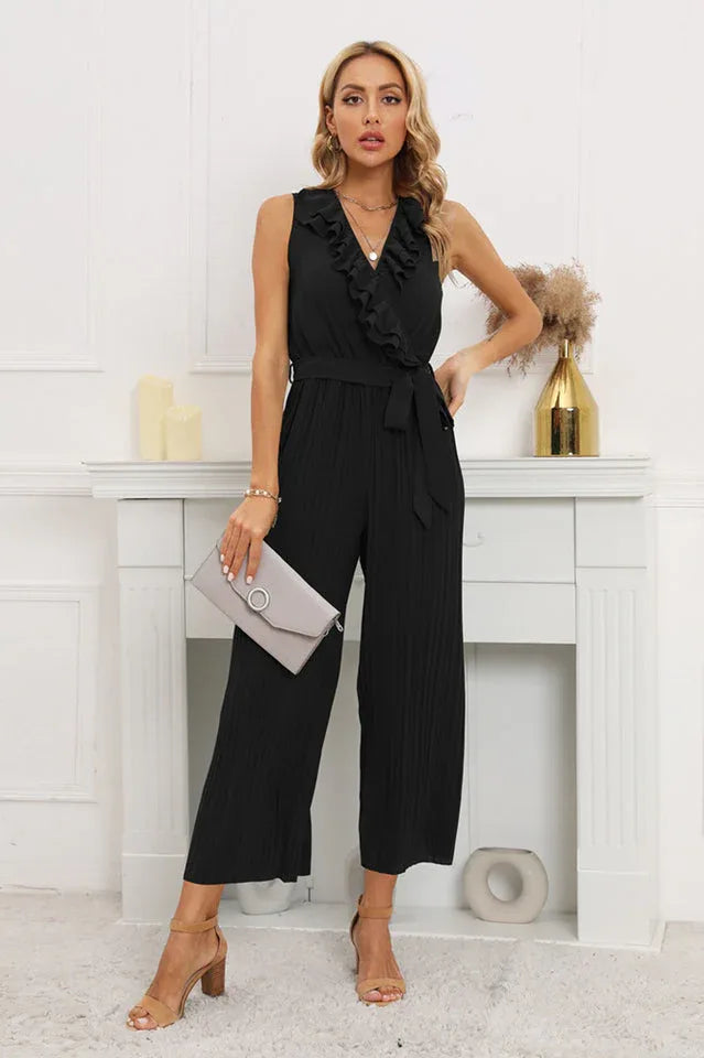 Calf length wide leg jumpsuit with ruffle neckline - View 13 | WEUXS