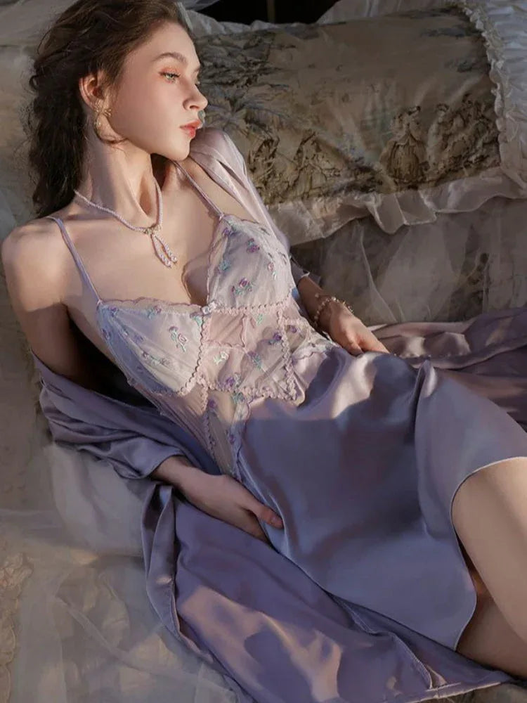 Lace Trim Slip Dress and Robe Set - View 6 | WEUXS