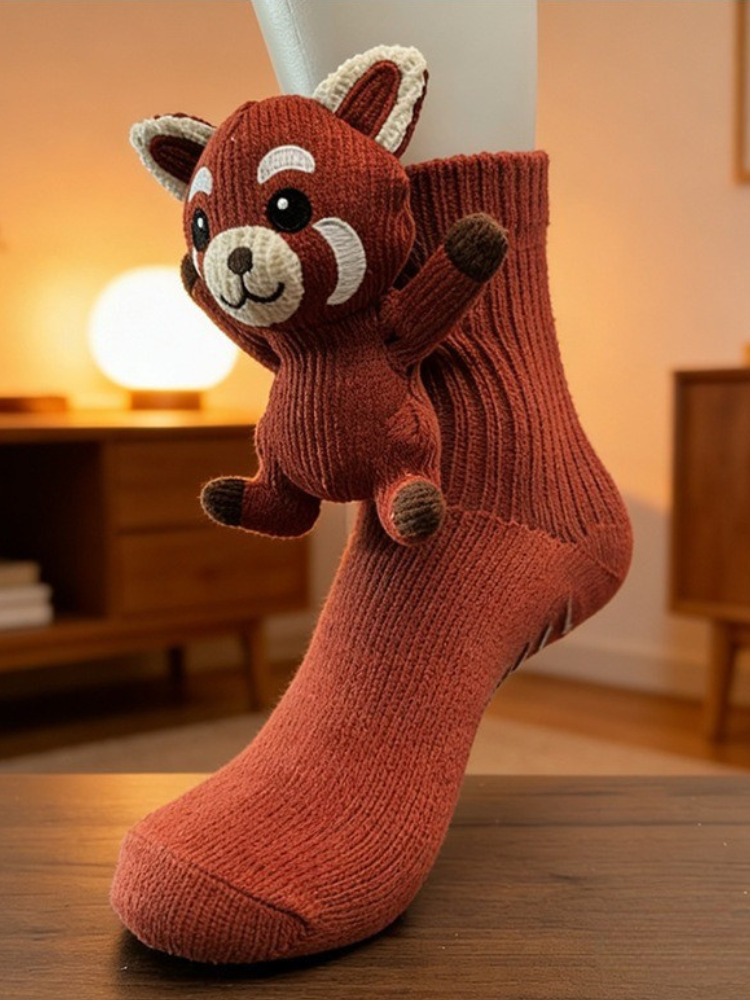 Red knit crew socks with a red panda applique attached to the cuff, displayed on a mannequin foot. Main image