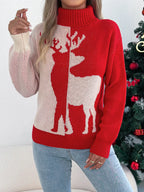 Woman wearing a green and cream color block reindeer turtleneck sweater - View 9 | WEUXS