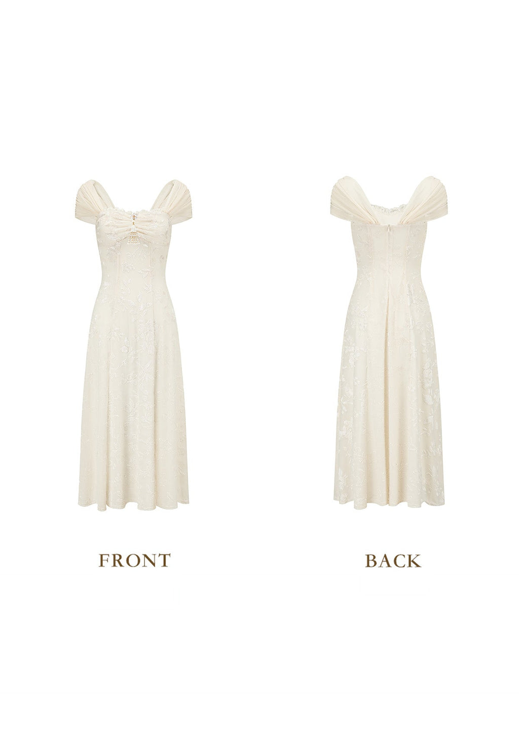 Front view of a cream-colored jacquard midi dress with off-the-shoulder neckline and ruched detailing.