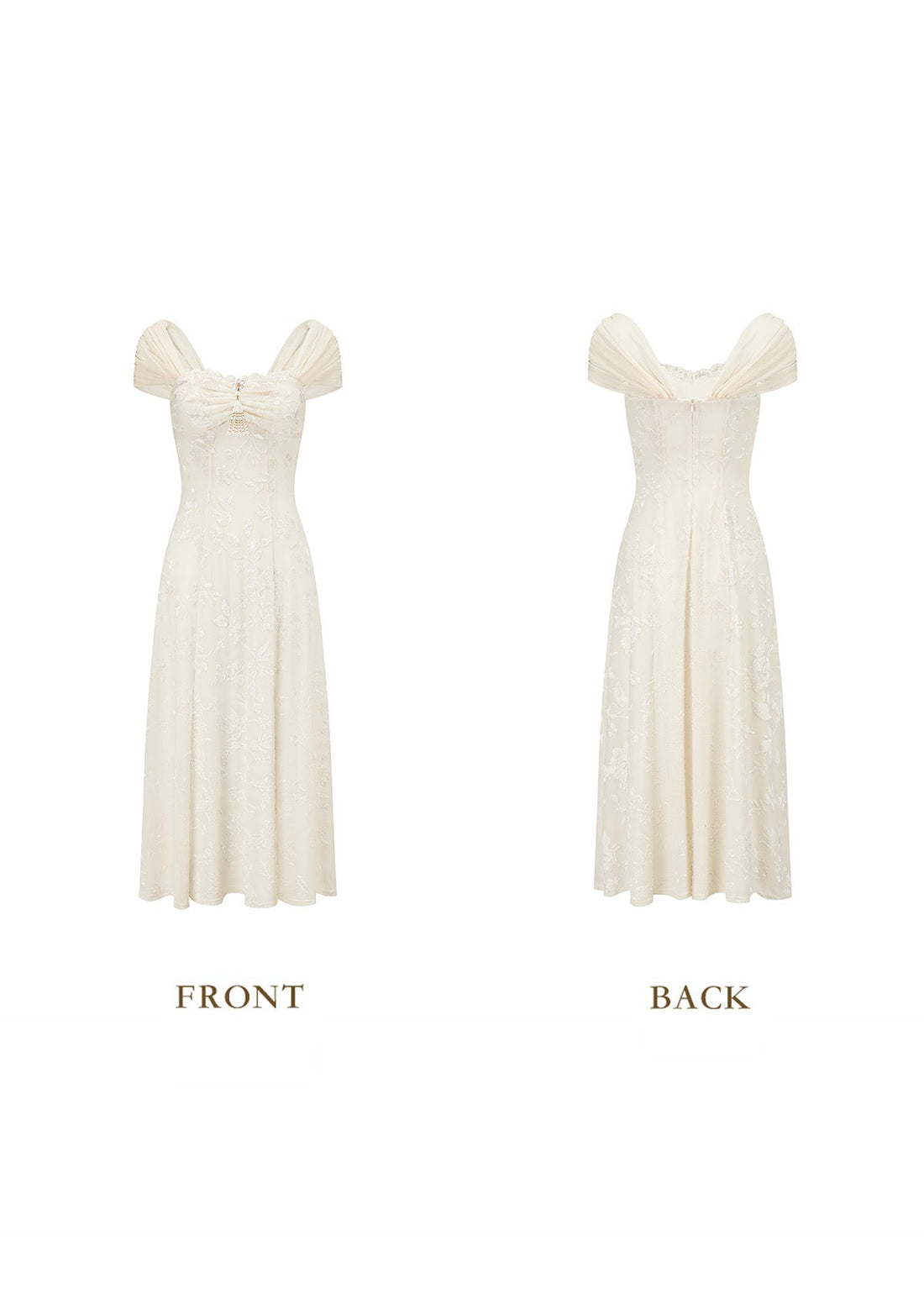 Woman wearing a cream-colored jacquard midi dress with off-the-shoulder neckline and sheer cap sleeves, standing outdoors.