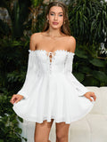 Woman showing the flared skirt of a white off-the-shoulder mini dress with lace trim and puff sleeves.
