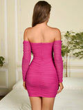 back view of a woman in a pink off-the-shoulder ruched mesh dress