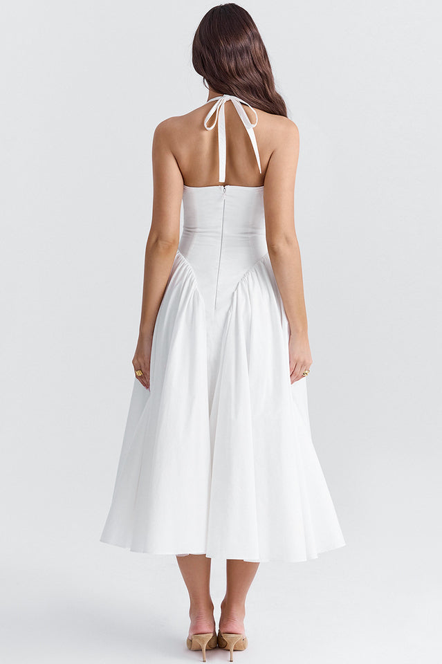 Marilyn White Cotton Halter Midi Sundress | Dress In Beauty