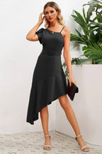 Asymmetrical neck dress with flutter sleeve - View 16 | WEUXS