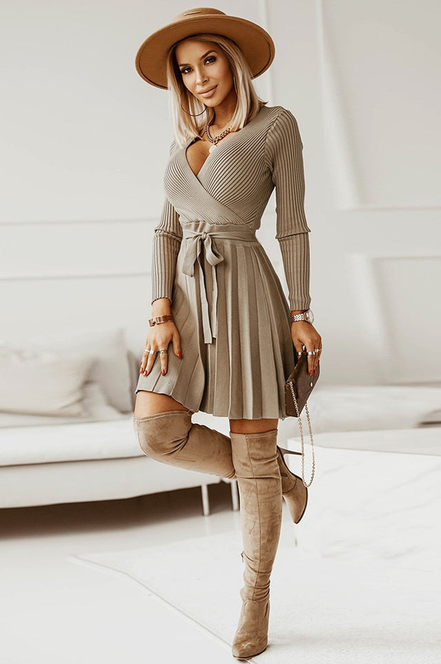 Surplice Neck Tie Front Pleated Sweater Dress | Dress In Beauty