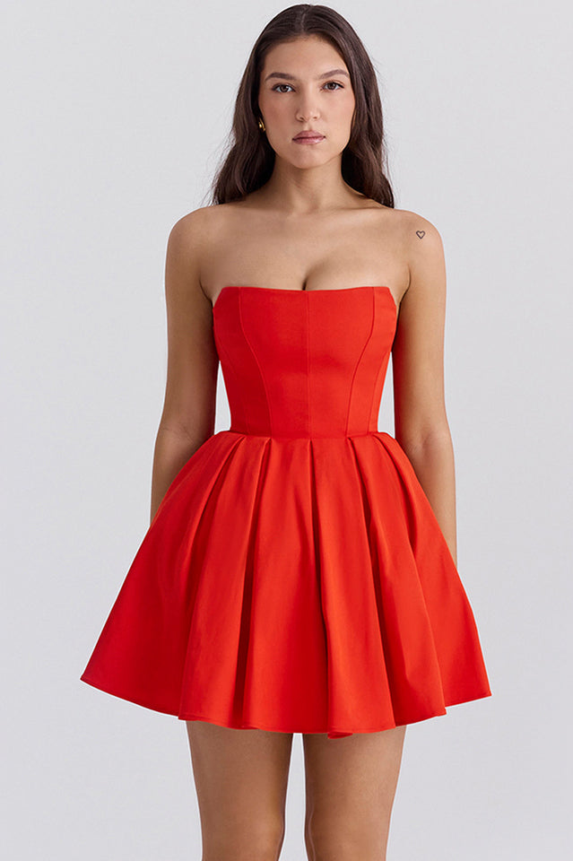 Emmanuela Tomato Strapless Pleated Mini Dress | Dress In Beauty