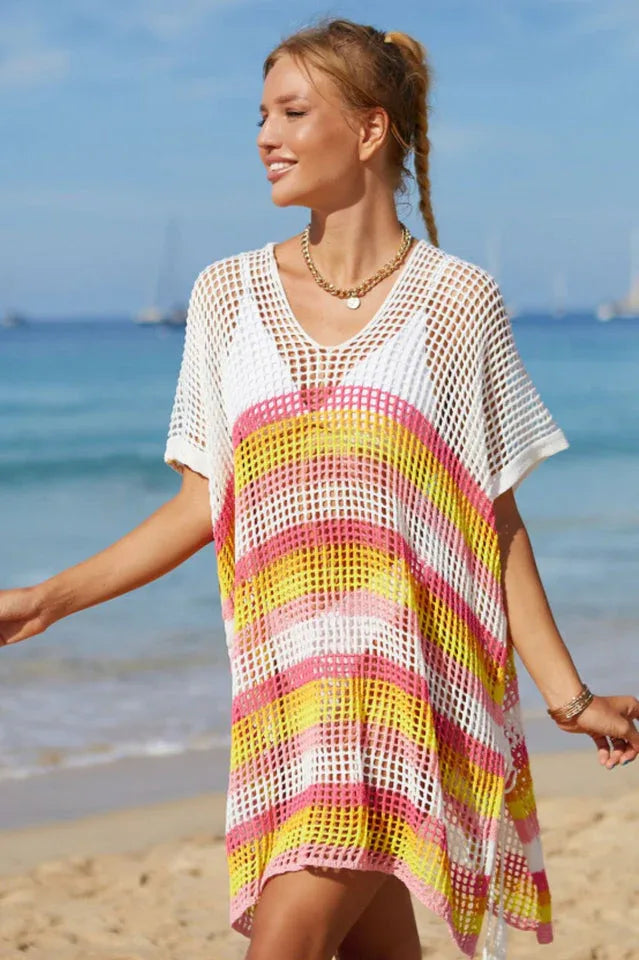 Rainbow Stripe Openwork Slit Cover Up - WEUXS