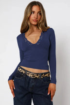 Women's Long Sleeve V-Neck Top with Lace Trim - View 16 | WEUXS