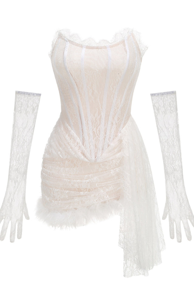 Queena Strapless Feather Trim Lace Dress | Dress In Beauty