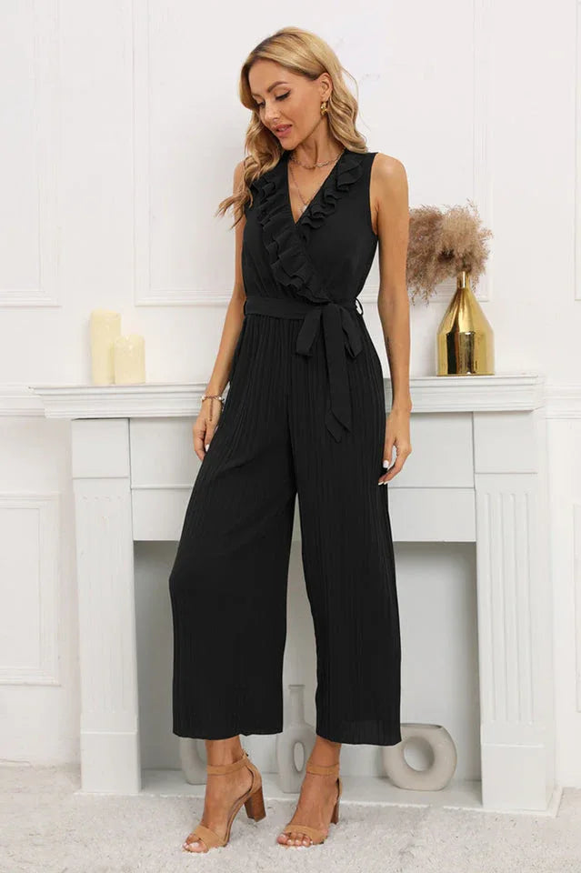 Calf length wide leg jumpsuit with ruffle neckline - View 14 | WEUXS