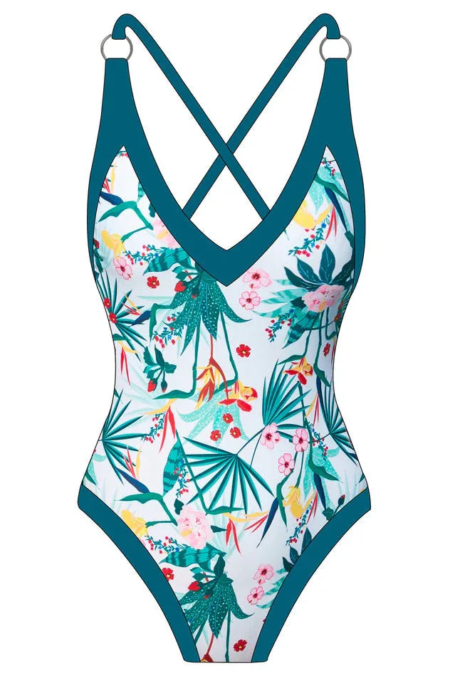 Front view product image of a white one-piece swimsuit with a tropical floral print and teal trim