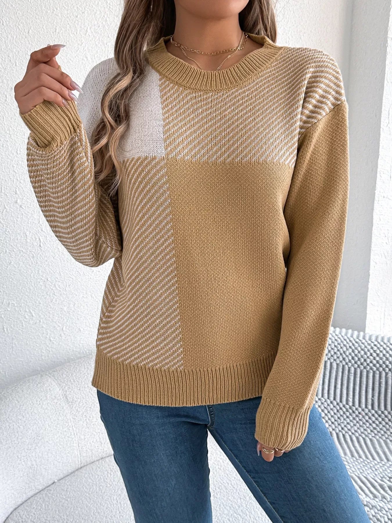 Modern Geometric Khaki Knit Sweater - WEUXS